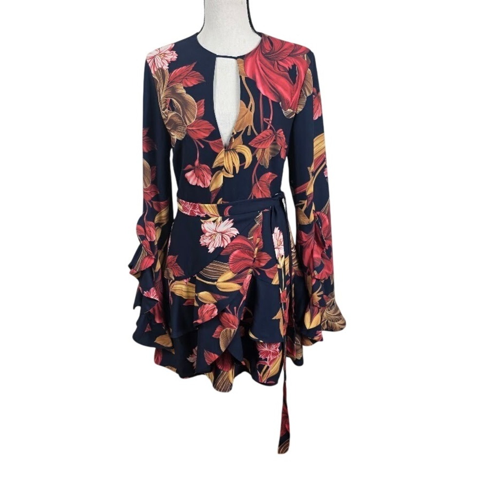 C/MEO Collective Mini Dress Womens Medium Navy Floral Ruffle Keyhole Bell Sleeve